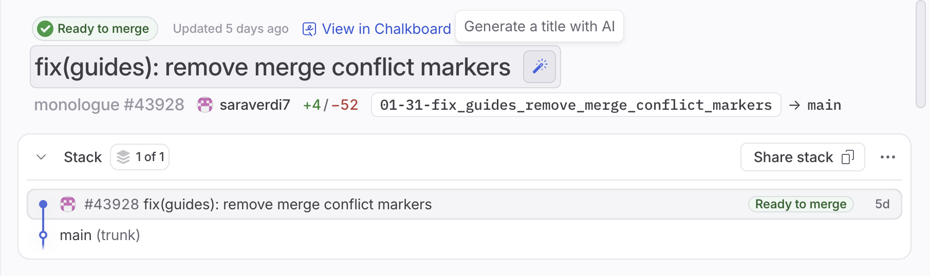 screenshot of generated PR title