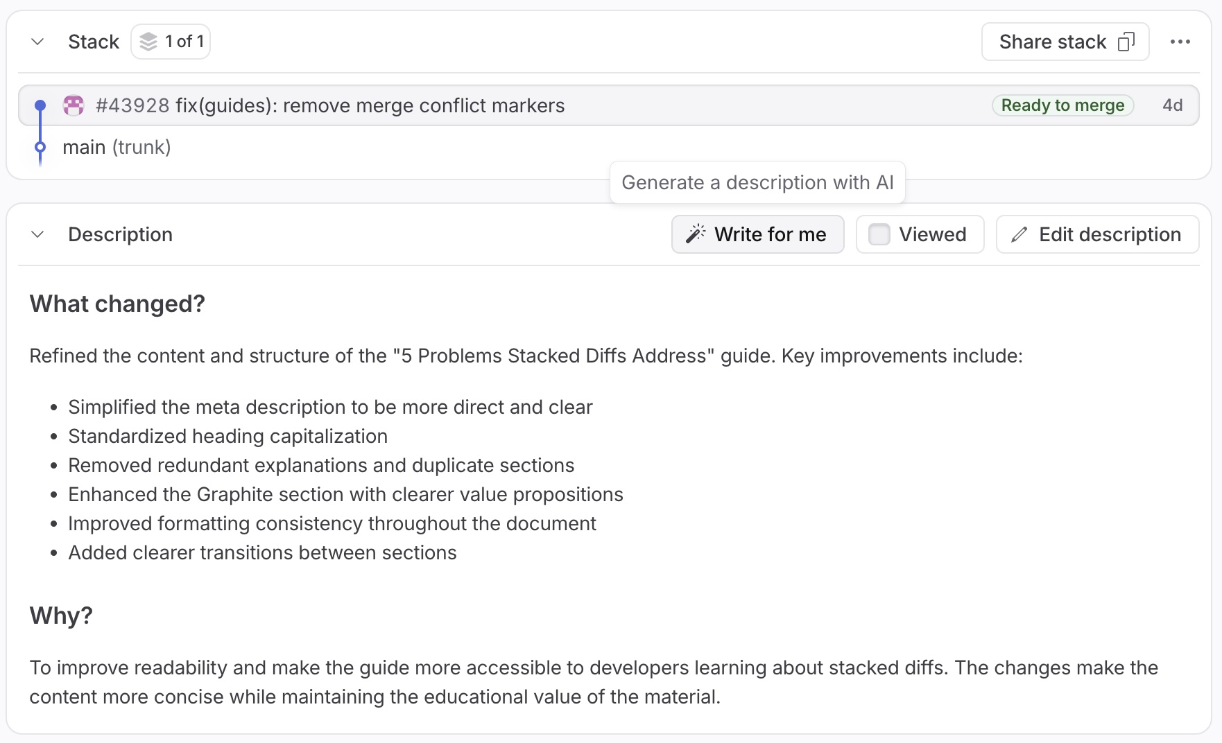 screenshot of generated PR description